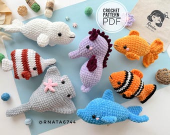 Patrón de animales marinos a crochet: delfín, estrella de mar, beluga, caballito de mar, raya (PDF, solo en inglés)