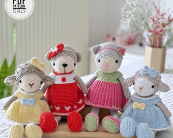 Patrón de crochet 3 en 1 para muñecos de cordero, oso y gatito (PDF)