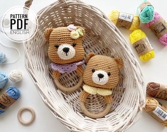 Crochet Bear Rattle/Teether, Holder/Pattern/PDF/English, French only/ Amigurumi, Handmade,  Baby toy, Baby shower, Newborn Toy, Crochet Bear