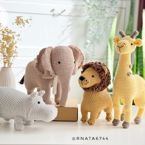 Animales de la sabana a crochet: Patrón de elefante, jirafa, león e hipopótamo (PDF)