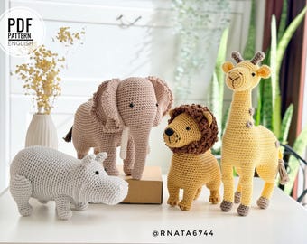 Savannentiere: Elefant, Giraffe, Löwe, Nilpferd Häkelanleitung (PDF)