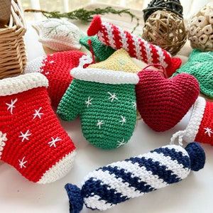 Crochet Christmas Ornaments: flashlight, gingerbread house, star, heart, glove, sock, candy and drum/Pattern/English only/PDF, Christmas image 5