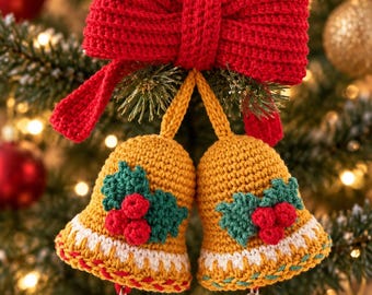 Könnte beinhalten: Ein gehäkelter Weihnachtsschmuck mit zwei goldenen Glocken und einer großen roten Schleife. Jede Glocke ist mit grünen Stechpalmenblättern, roten Beeren, einem weißen Rand und einer kleinen silbernen Schelle verziert. Text: LOW SEW.