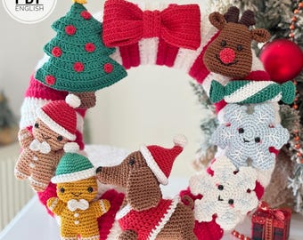 May include: A crochet Christmas wreath featuring red and white stripes, adorned with a large red bow, a green tree, a brown reindeer, a candy, two snowflakes, two gingerbread figures, and a brown dachshund wearing a red Santa hat and coat.