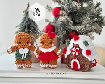 Low Sew Crochet Christmas Gingerbread Couple & House Pattern, Christmas Amigurumi (PDF)