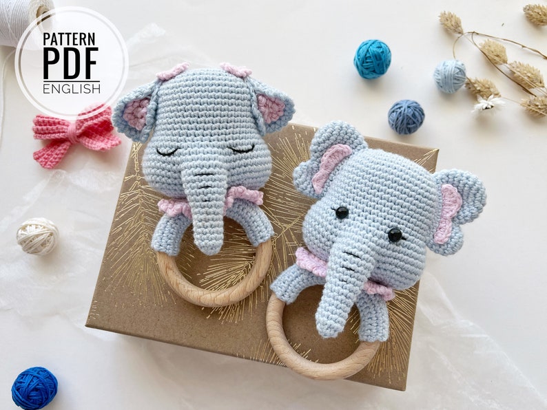 Crochet Elephant teethe/rattle/holder /Pattern/PDF/English, German only/ Amigurumi, Baby shower, Baby toy, Newborn, Plush toy, Newborn Toy image 2