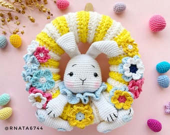 Couronne de Pâques au crochet avec lapin et fleurs, décoration de porte de Pâques, couronne de Pâques au crochet