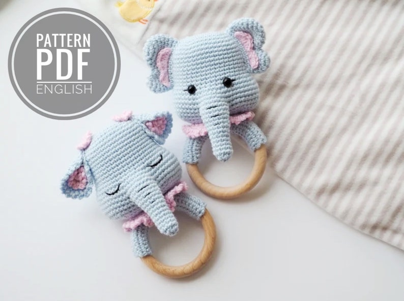 Crochet Elephant teethe/rattle/holder /Pattern/PDF/English, German only/ Amigurumi, Baby shower, Baby toy, Newborn, Plush toy, Newborn Toy image 3