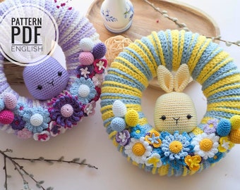 Crochet Easter Wreath with bunny and flowers, Pattern, PDF, English, Amigurumi, Easter toys, Easter bunny, Patterns