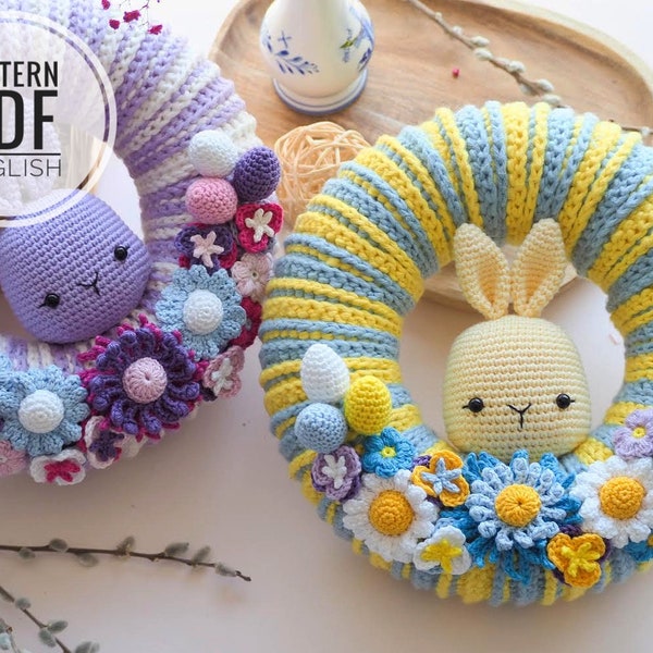 Crochet Easter Wreath with bunny and flowers /Pattern/PDF/English only/ Amigurumi, Easter toys, Easter bunny, Easter Decoration, Patterns