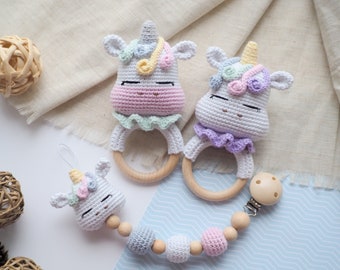 Crochet Unicorn rattle/teether and pacifier clip /Pattern/PDF/English only/ Baby Toy, Baby Shower, Stuffed Toy, Unicorn Holder, Amigurumi