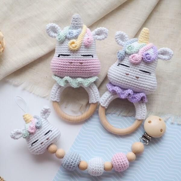 Crochet Unicorn rattle/teether and pacifier clip /Pattern/PDF/English only/ Baby Toy, Baby Shower, Stuffed Toy, Unicorn Holder, Amigurumi