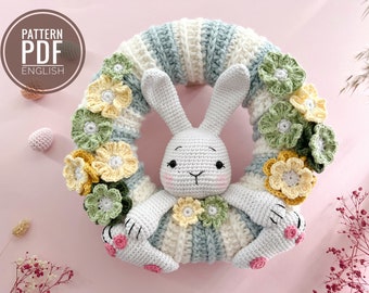 Couronne de Pâques au crochet avec fleurs/Motif/PDF/Anglais uniquement/Amigurumi, cadeau de Pâques, décoration de Pâques, couronne de lapin de Pâques, ornement de Pâques