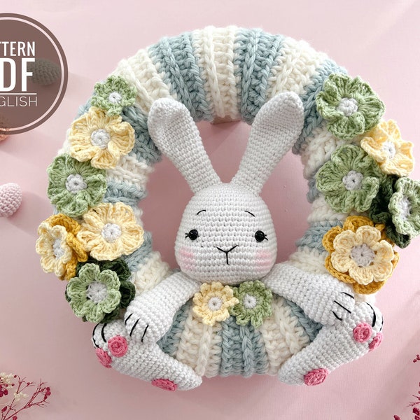 Couronne de Pâques au crochet avec fleurs/Motif/PDF/Anglais uniquement/Amigurumi, cadeau de Pâques, décoration de Pâques, couronne de lapin de Pâques, ornement de Pâques