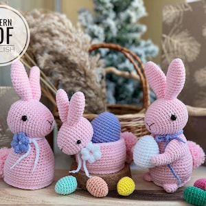 Crochet Easter Decoration: bunny with flower, bunny with egg, bunny with basket /Pattern/PDF/English only/ Amigurumi, Ester, Easter Toys