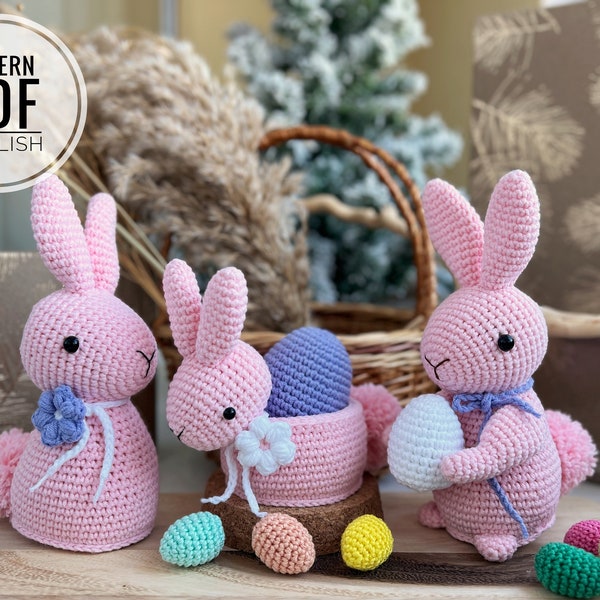 Crochet Easter Decoration: bunny with flower, bunny with egg, bunny with basket /Pattern/PDF/English only/ Amigurumi, Ester, Easter Toys