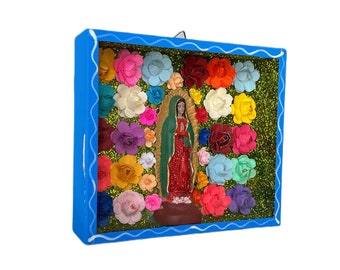 Virgen de Guadalupe shadow box, Mexican retablo, Mexican folk art