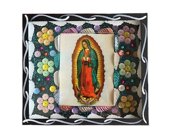 Lady of Guadalupe art, lady of Guadalupe shadow box, Mexican retablo, Mexican folk art