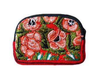 Embroidered Floral Mexican Coin Purse, Hand Woven Pouch