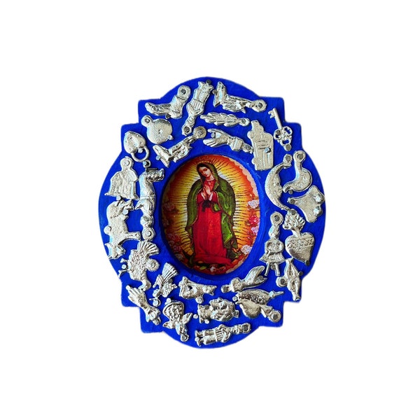 Mexican milagro heart, Virgen de guadalupe with milagro charms