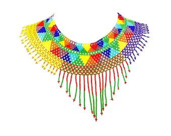 Handmade huichol necklace, Mexican beaded folk art jewelry