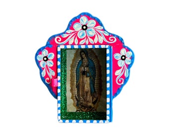 Our lady of Guadalupe tin nicho, mexican altar, mexican shadow box, lady of Guadalupe tin retablo