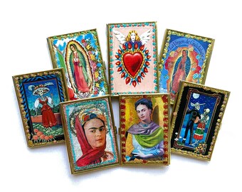 Mexican Folk Art Compact Mirror, Frida, Sacred Heart, Virgen de Guadalupe