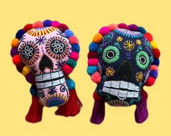 Mexican sugar skull pillow, Mexican embroidered pillow, day of the dead pillow