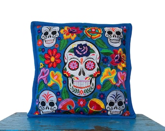 Day of the dead pillow, Mexican embroidered pillow, Mexican pillow case