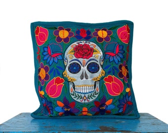 Day of the dead pillow, Mexican pillow, Mexican embroidered pillow