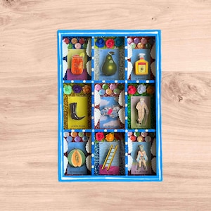 Lotería milenaria, caja de sombras mexicana, arte popular mexicano, nicho mexicano