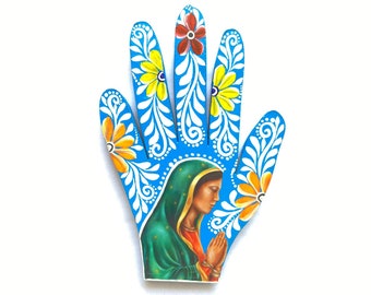 Virgen de Guadalupe Hand Art, Mexican Religious Wall Decor