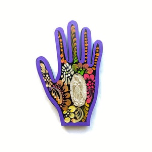 Mexican hand with milagros, Virgen de Guadalupe hand, Mexican folk art