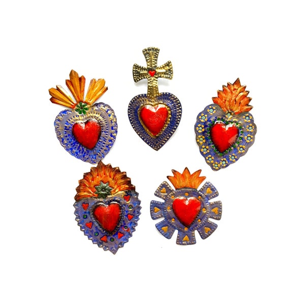 Mexican tin heart, Mexican sacred heart, milagro heart, Mexican wall decor, SET OF 2