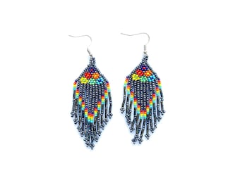 Huichol Beaded Earrings, Mexican Jewelry, Colorful Fringe