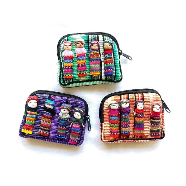 Worry doll coin purse, worry doll pouch, Mexican embroidered change purse, set of 3