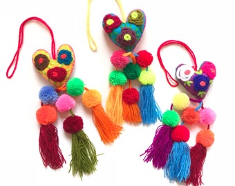 Mexican heart pom pom, Pom pom bag charm, Pom pom tassel, Pom pom keychain, Mexican tassel