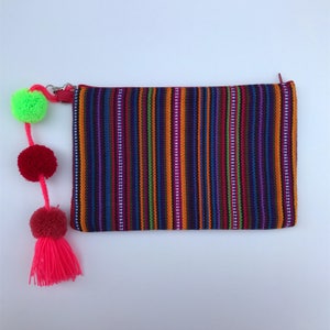 Mexican clutch, Mexican purse, Embroidered clutch, Serape blanket clutch, Mexican bag, Pom pom clutch, Mexican wallet, Boho clutch image 4