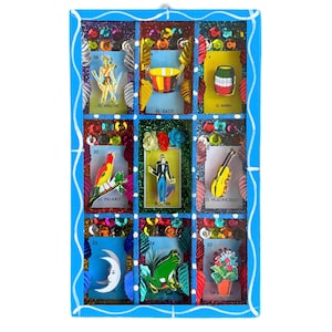 Cartas de lotería, caja de sombras mexicana, arte popular mexicano, diorama mexicano
