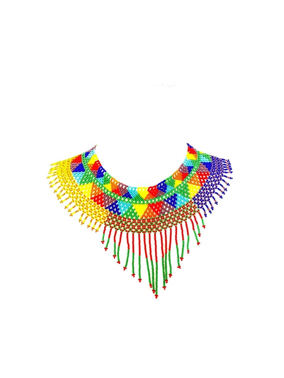 Handmade Huichol Necklace, Mexican Beaded Folk Art Jewelry