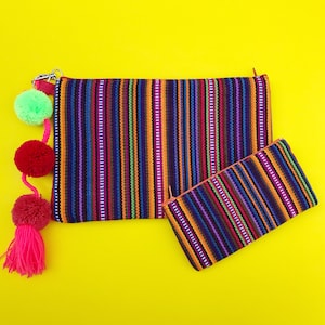 Mexican clutch, Mexican purse, Embroidered clutch, Serape blanket clutch, Mexican bag, Pom pom clutch, Mexican wallet, Boho clutch image 1