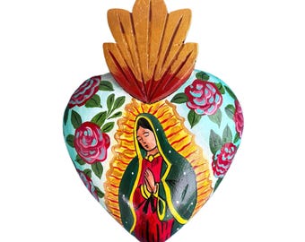Hand-Painted Wooden Mexican Heart: Virgen de Guadalupe Art