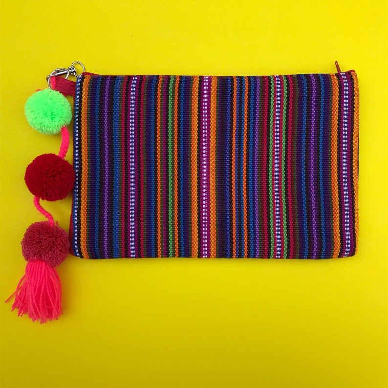 Mexican clutch, Mexican purse, Embroidered clutch, Serape blanket clutch, Mexican bag, Pom pom clutch, Mexican wallet, Boho clutch image 3