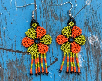 Huichol Beaded Earrings, Handmade Mexican Jewelry, Colorful Floral Design