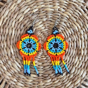 Huichol earrings, Mexican earrings, mexican jewelry, mexican beaded earrings