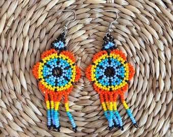 Huichol Beaded Earrings, Colorful Mexican Jewelry