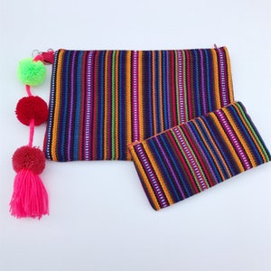 Mexican clutch, Mexican purse, Embroidered clutch, Serape blanket clutch, Mexican bag, Pom pom clutch, Mexican wallet, Boho clutch image 2