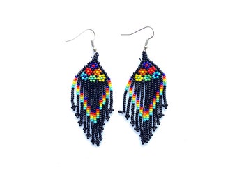 Huichol Beaded Earrings, Handmade Mexican Jewelry, Colorful Fringe
