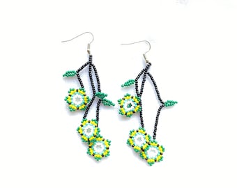 Huichol Beaded Floral Earrings, Mexican Artisan Jewelry