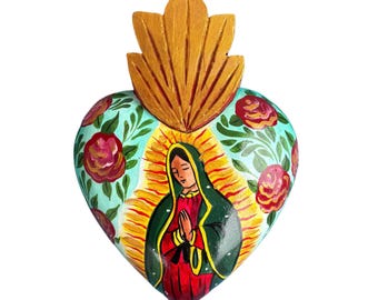 Mexican Wood Heart, Virgen de Guadalupe Wall Art, Folk art